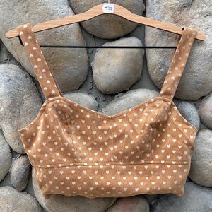 LE LIS collection Tan Heart Print Corduroy Crop Top with Zipper